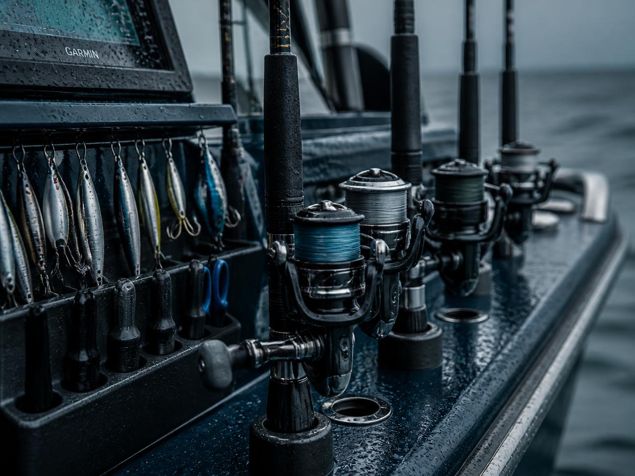 Rods, reels and tackle laid out on the deck of the charter boat