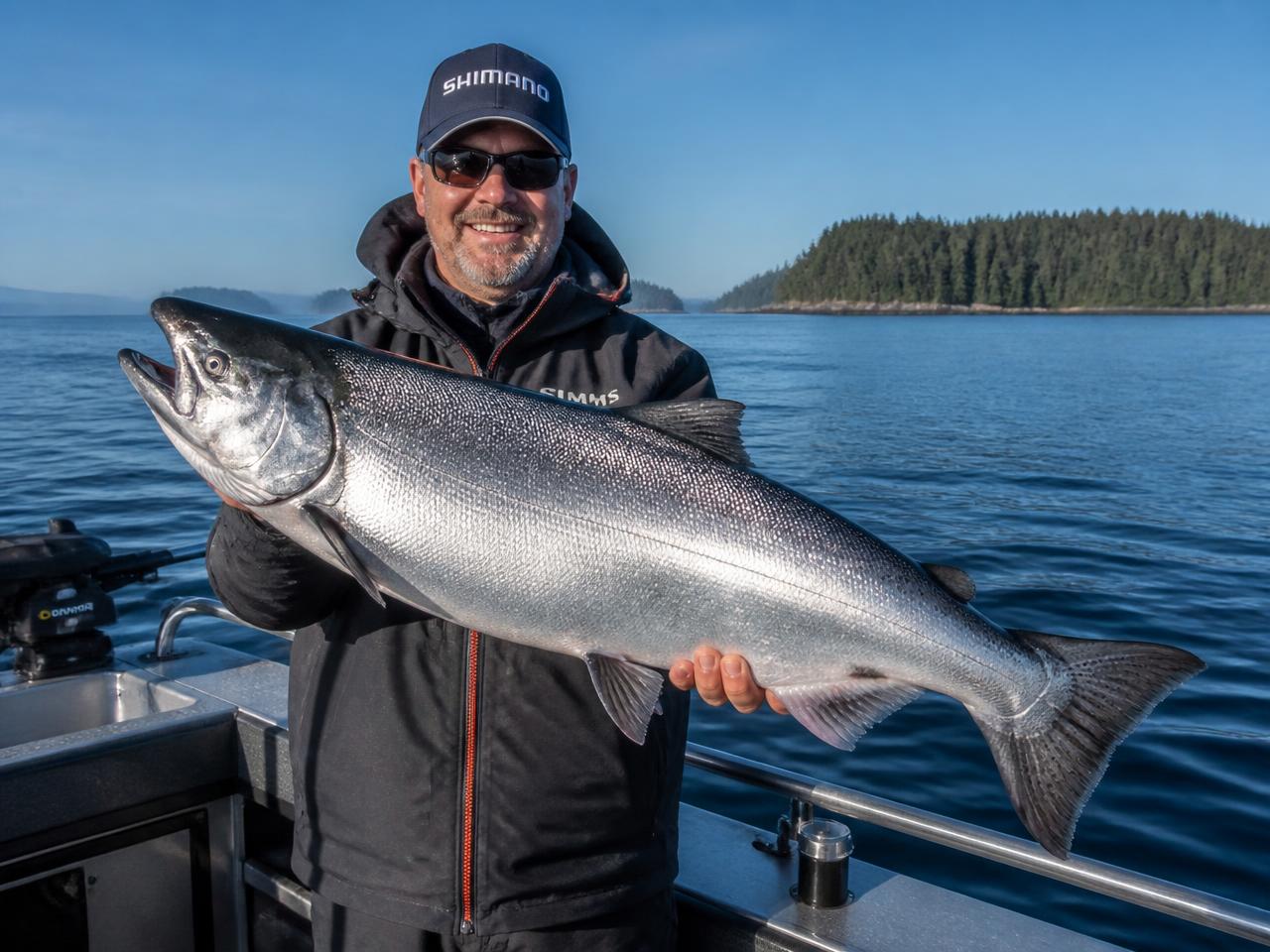 Angler holding a bright chinook salmon on a charter boat near Vancouver