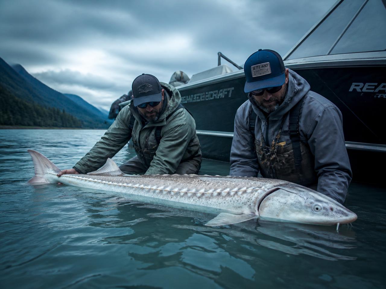 Guides releasing a large white sturgeon beside the boat on the Fraser River